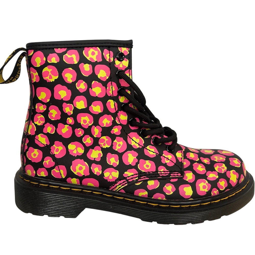 Dr Martens Docs Leopard Print Leather Boots Kids Lace Up Zip Hot Pink Yellow S 2